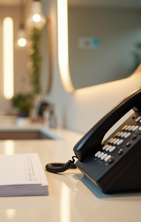 A tidy business reception desk with a phone, representing organised back-office operations